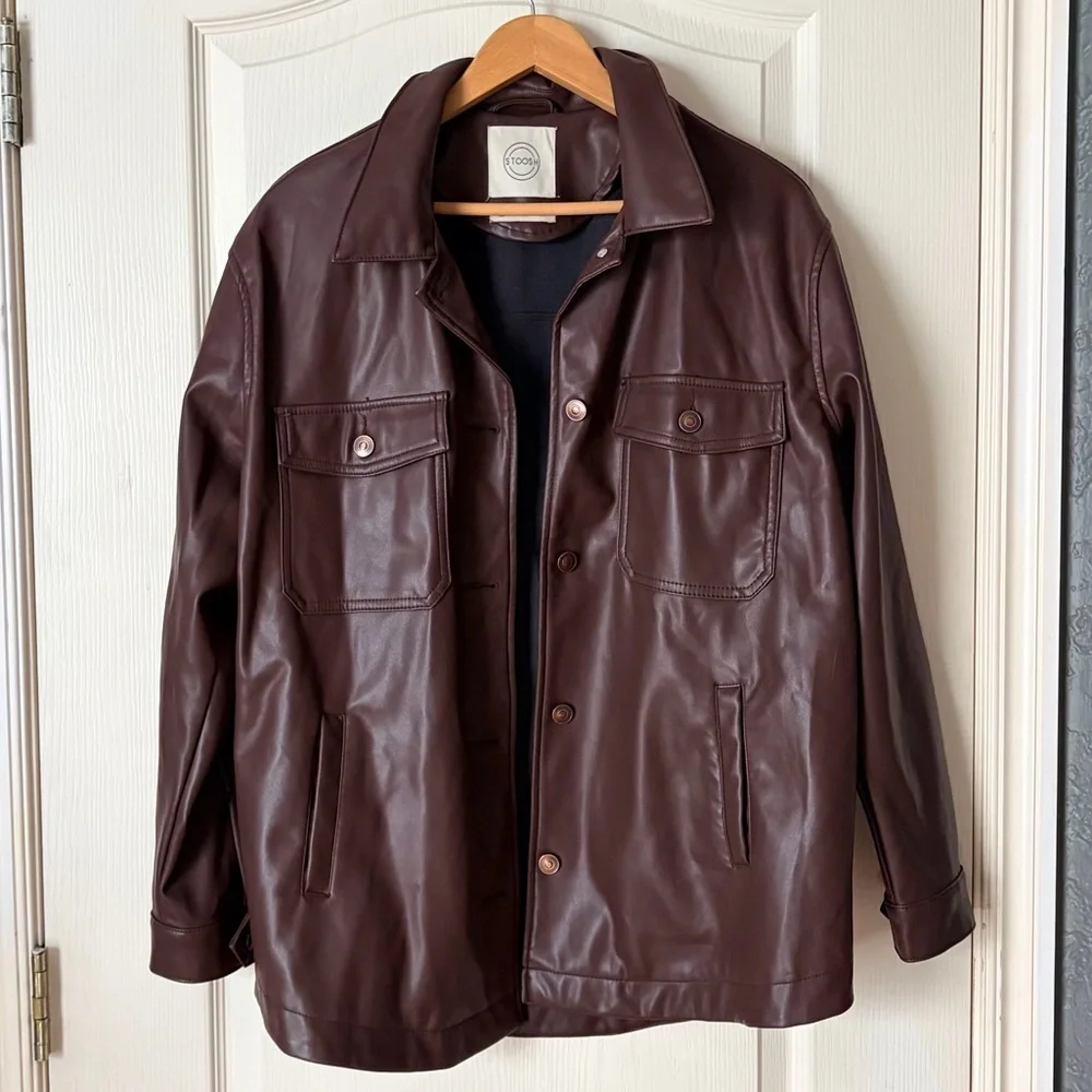 Stoosh Brown Leather Jacket, Zumiez, Buckle, Front pockets, button down, M